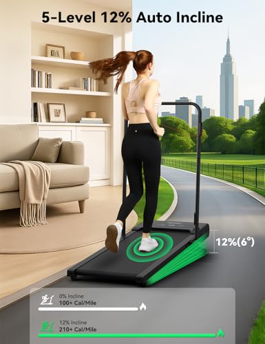 Image of FelFast Walking Pad Treadmill, 12% 5-Level Auto Incline, 2-in-1 Under Desk Foldable w /Remote Control, 12 HIIT Mode, 265 Lbs, 7.6 MPH Max, Portable Treadmill for Office Home