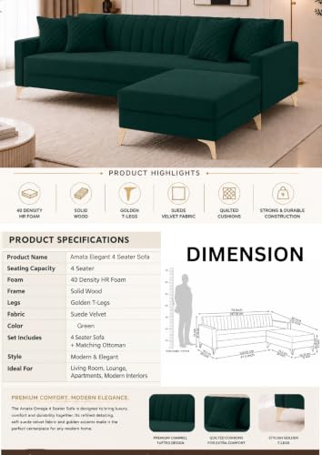 Image of AMATA Falcon ele 4 Seater Fabric Suede Velvet Green Colour Sofa Set with Four Cushions Perfect for Home Office Guests Living Room (Falcon Green 01, Falcon 4 Seater l Shape)(3 Year Warranty)