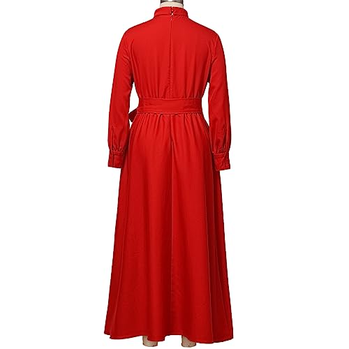 Image of CAMDOM Church Clergy Dress for Women Long Sleeve A Line Elegant Maxi Dress with Tab Insert Stand Collar and BeltA