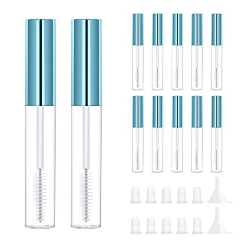 Mascara Tubes with White Wand Empty, CAIYA Clear Mascara Containers with Eyelash Brush Eyebrows Mascara Bottles with Rubber Inserts Funnels Kit Makeup Cosmetics Sample(Light Blue-10pcs 10ml)