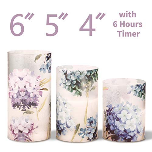 Image of Hydrangea Flameless Candles with Remote Blinks Glass Real Wax LED Candles - Home Party Wedding Romantic Love Theme Summer Holiday Decor - Set of 3