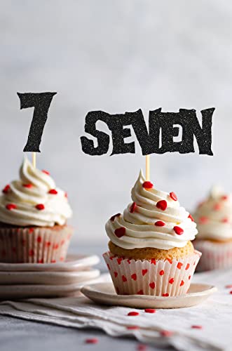 Sumerk 24Pcs 7Th Birthday Cupcake Toppers Black Glitter Happy 7Th Cake Decorations For 7Th Birthday Wedding Anniversary Party Decoration Supplies #TOP4