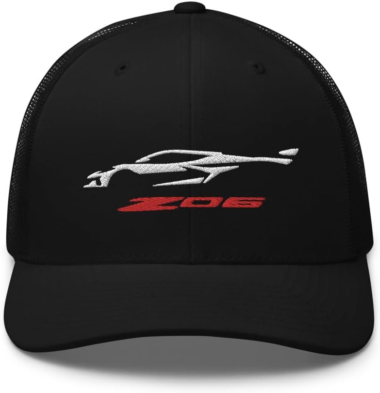 2023 2024 Sports Car Z06 C8 Next Gen Silhouette Corvette Drivers Embroidered Trucker Cap Snapback Hat Black