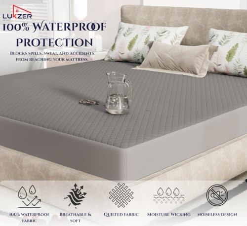 Image of Lukzer 100% Waterproof Quilted Mattress Protector Grey King Size 72 x 72 Inches (6 x 6 ft) Cotton-Feel Bed Protector Soft Noiseless Hypoallergenic Breathable Elastic Fitted Mattress Cover /Bed Cover
