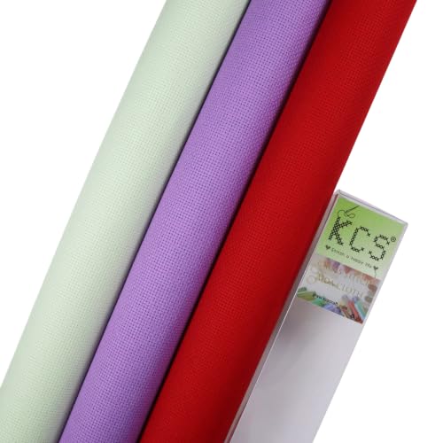 Image of KCS 3 pc of 15 inch x 18 inch(38cmx45cm) 16 Count Cross Stitch Cotton Aida Cloth Needlework Rolled Fabric Box,16CT,Light Green+Lavender+Red