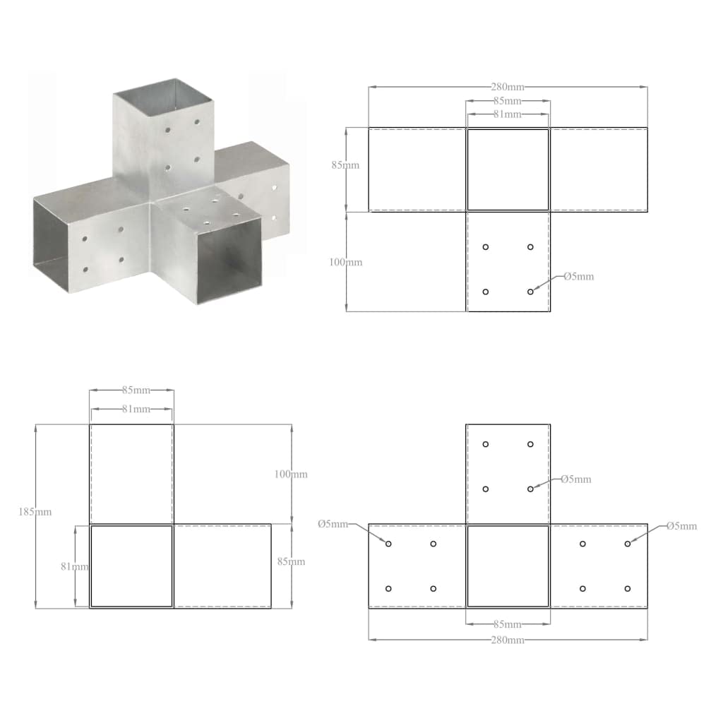 Conector de postes 4 piezas en forma de X para vigas de 81 mm, conectores de vigas galvanizadas, preperforados y esquinas de postes de 81 x 81 mm para horticultura