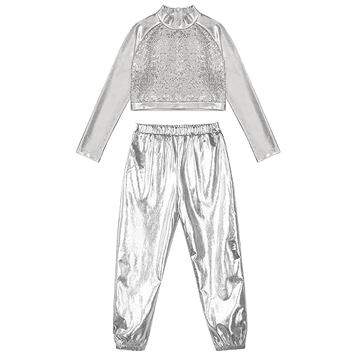 JanJean Kids Girls 2Pcs Dance Tracksuit Shiny Metallic Crop Top with Athletic Sweatpants Jazz Hip Hop Jazz Dance Costume Silver 6 Years