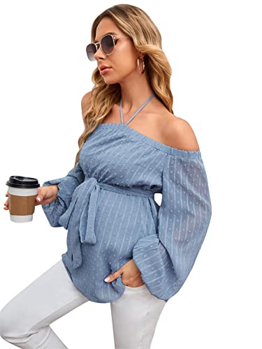 Image of OYOANGLE Women's Maternity Top Elegant Boho Bishop Long Sleeve Dots Halter Tie Back Belted Blouse Shirt Pregnancy Clothes Dusty Blue S