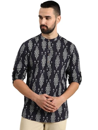 Chemise kurta homme en mélange coton imprimé aux finitions droites