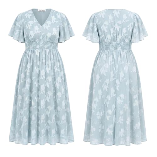 Image of Pinup Fashion Plus Size Wedding Guest Chiffon Semi Formal Maxi Dress | Chiffon, V-neckline, short sleeves, shirred waist, textured floral pattern, maxi length, versatile for all seasons