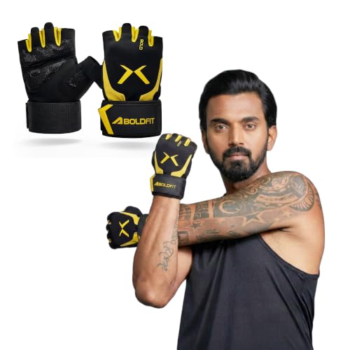 Image of Boldfit Gym Gloves for Men Workout Unisex Cushion Hand Gloves for Gym for Men & Women for Cycling, Weightlifting, Workout Comfortable Fit Bike Riding, Cycling Handgloves - Apexgrip Black Yellow M