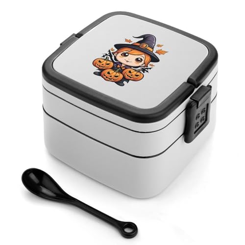 2段式 大容量1000ml ランチボックス 弁当箱 ハロウィン スケルトン コウモリ クモの巣 カボチャ 二層構造 PP素材 軽量&密封防漏タイプ スプーン付き 仕切り付き 食品の味をキープ お弁当 ピクニック 通勤 旅行に最適
