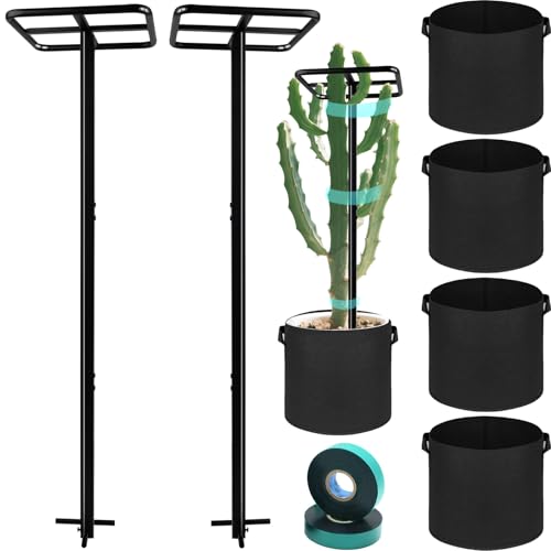 2 Pcs Heavy Duty Dragon Fruit Trellis, Adjustable Plant Climbing Support with 4 Non-Woven Planting Pots, Raspberry Trellis for Garden, Vertical Farming Tower for Dragon Fruit, Avocados, Vining Plants