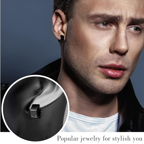 TGNEL Pure Titanium Mens Hoop Earrings for Sensitive Ears, Small Hexagon Titanium Huggie Earrings for Men Women Black/Silver2