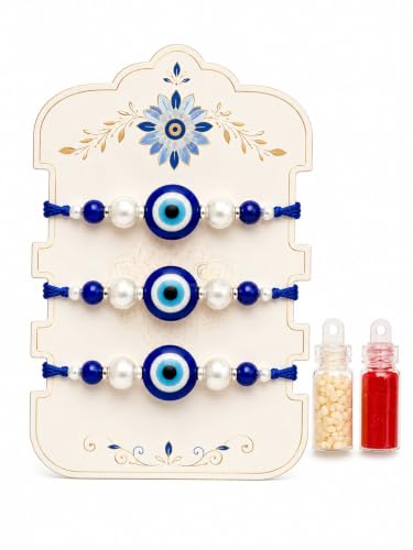 Image of Evil Eye Rakhi Set Of 3 For Brother Bhabhi Sister Kids | Blue Nazar Battu Raksha Kavach Rakhi Bracelet With Pearl Beads | Handmade Aesthetic Designer Raksha Bandhan Combo Rakhi Gift For Bhai