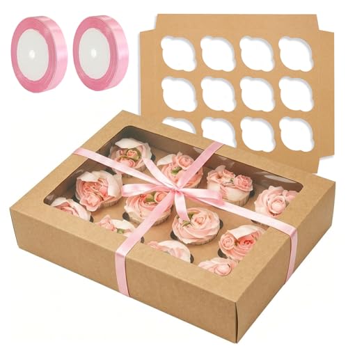 Image of Bakepacker Auto-pop Up Cupcake Boxes with Window Brown 40PCS 12 Count Cupcake Box 13 inchx10 inchx3.5 inch Cupcakes Carrier, 12 Cupcake Containers with 2 rolls of pink ribbons