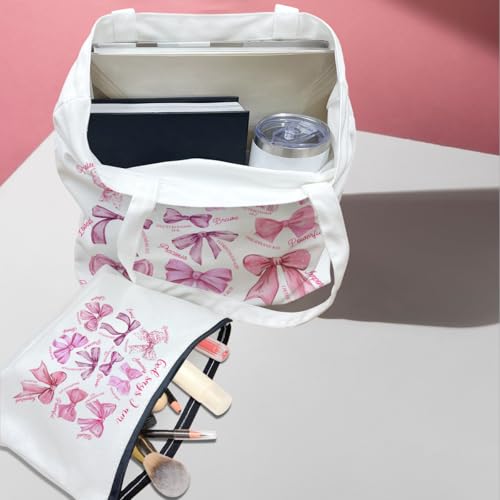 Christian Gifts for Women, Girls Preppy Bow Canvas Tote Bag Makeup Bag Set, Inspirational Bible Verse Religious Gifts Birthday Friendship Graduation Reusable Grocery Bags Travel Cosmetic Bags4