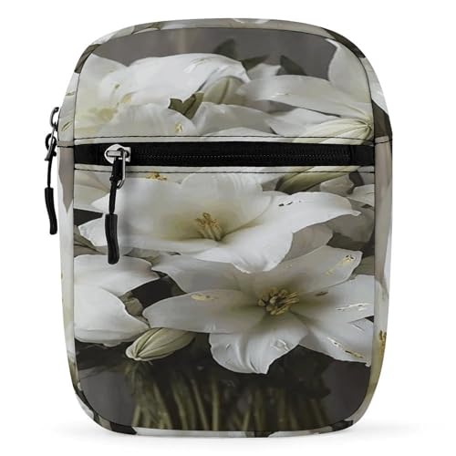 Small Satchel,White Lily Bouquet Print Small Shoulder Bag,small Messenger Satchel Bags,mini Bag with Adjustable Strap