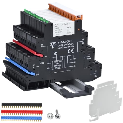 UL Listed 10Pcs Miniature Relay 24V DC, 24V AC 6Amp SPDT with LED Indicator with Socket 41F-1Z-C5K with Din Rail Silm Signal Relay for PLC