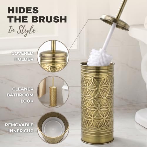 Image of Autumn Alley Toilet Brush and Holder Set with Brushed Brass Bathroom Trash Can - Brass Bathroom Accessories Garbage Can Set for Rustic and Modern Bathroom Decor