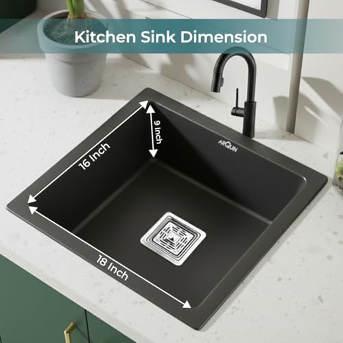 Image of ARQUIN Quartz Sink 18x16x9 Inch Black | Single Bowl Sink | Durable & Scratch-Resistant | Undermount /Topmount Including Coupling, Waste Pipe & Fruit Washing Basket