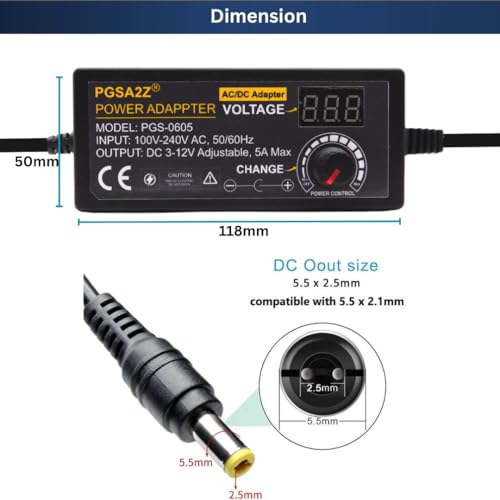 Image of 3V-12V 5A 60W Adjustable Power Supply with LED Display | Universal AC Adapter 100-240V to 3-12V
