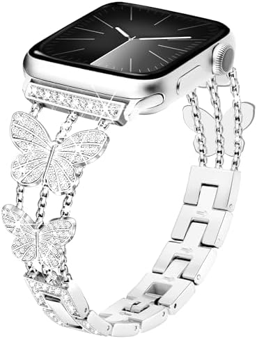 G-ficu Butterfly Band Compatible with Apple Watch Band 41mm 40mm 38mm iWatch SE Series 9 8 7 6 5 4 3 2 1, Slim Cute Metal Jewelry Bands for Women, Fancy Bling Luxury Diamond Dressy Strap-Silver