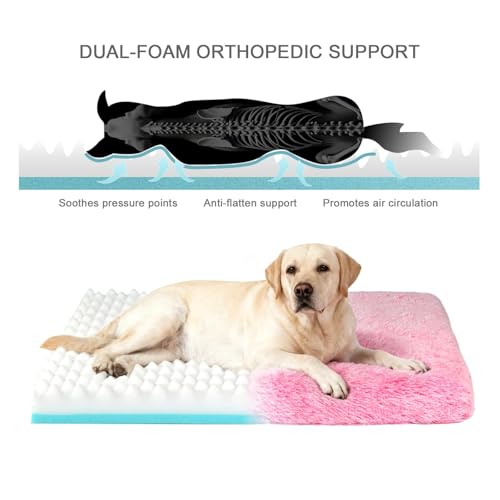 Image of Orthopedic Memory Foam Dog Bed Medium Size Crate Pad 35 x 22 Inch Pink | Dual-layer support with removable washable plush cover waterproof liner nonslip base for kennel car and home use up to 60 lb