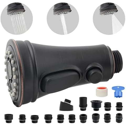 iFealClear Pull Down Spray Head 3 Modes for Kitchen Faucet, Kitchen Sink Faucet Aerator Sprayer Nozzle, Faucet Head Replacement Compatible with Moen, Delta, Kohler, 15 Adapters, Oil Rubbed Bronze Cover