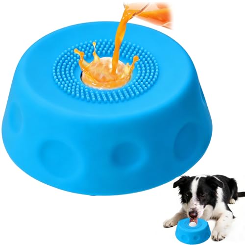 Dog Licking Bowl with Ball Non-Slip Dog Lick Ball Slow Feeder Silicone Dog Bowls for Liquid Treat Snack Spin D-og Lick Toy for Large Medium Small Dogs (Blue)