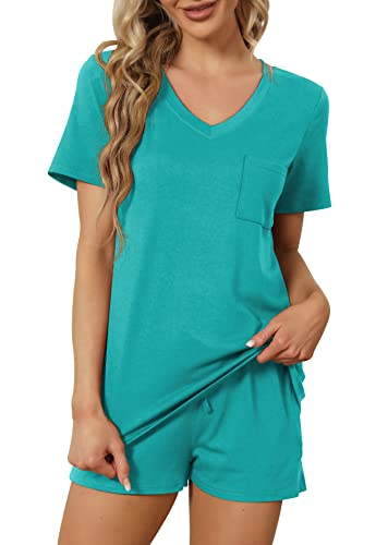 Image of RUBZOOF Women's Short Sleeve Pajama Sets with Pockets Casual V Neck 2 Piece Lounge Sets S-3XL