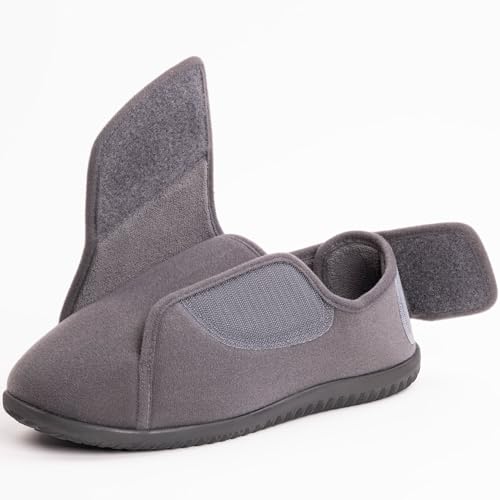 Image of Men's Memory Foam Diabetic Slippers with Adjustable Closure, Extra Wide Comfy Warm Plush Fleece Arthritis Edema Swollen Diabetic House Shoes Machine Washable with Anti Slip Sole