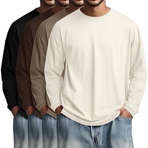 Image of August Alley 4 Pack Men's Big and Tall Cotton Shirts L-7XL, Long Sleeve Oversized Tops Loose Casual Large T-Shirts Basic Tee