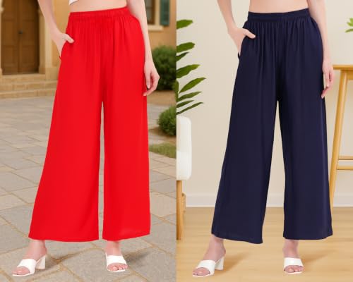 Image of Buy That Trendz Palazzo Pants for Women Rayon Elasticated Regular Fit Flared Wide Leg M to 6XL Pack of 2