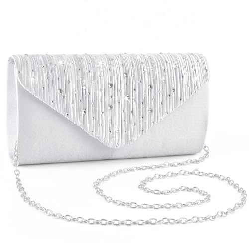 ERKOON Women Silver Evening Clutch Bags Prom Handbag Formal Party Clutches Wedding Purses Cocktail Promenade Shoulder with Detachable Strap (Silver with Diamonds)