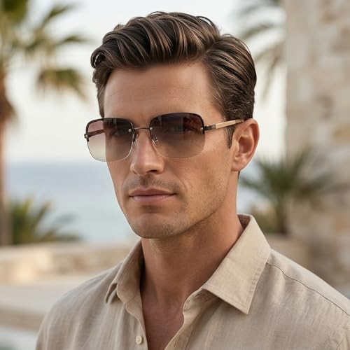 Image of Minimalist Semi-rimless Rectangular Sunglasses for Men Women - Exquisite Packaging