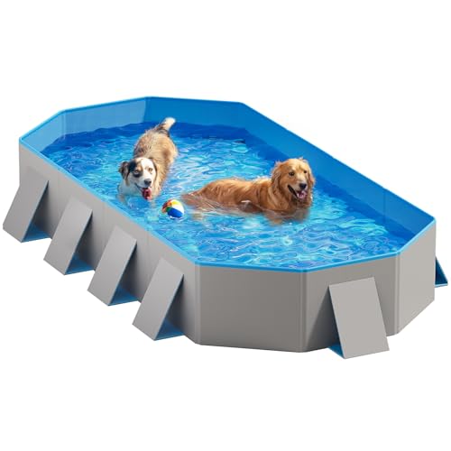 Peteast Foldable Dog Pool with Sturdy Square Design, Durable 82' Lx46 Wx12 D Extra Large Portable Pet Bathtub with Reinforced Sidewalls for Stability, Ideal for Indoor & Outdoor Use (Blue&Gray)