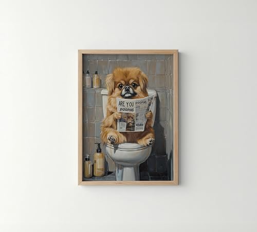 Image of Pekingese on Toilet Wood Framed Wall Art Print Poster, Dog Bathroom Humor Decor Posters Prints for Restroom Home Picture Painting Artwork Gallery 7 (Pekingese, 10 inchL x 8 inchW, Wood Frame)