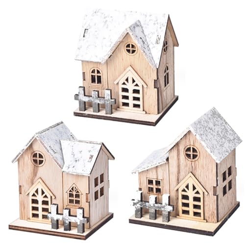 SunaOmni Ensembles 3pcs Led Lumineux Scène De Village De Noël En Bois Mini Décorations De Maison À Piles Pour Table Fenêtre Chambre