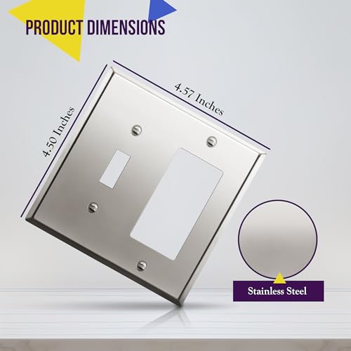 Image of ENERLITES Combination Toggle and Decorator Switch Metal Wall Plate, Stainless Steel 201, Corrosion Resistant, Size 2-Gang 4.50 inch x 4.57 inch, 771131-PC, Polished Chrome, Silver