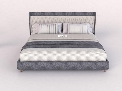 Image of Acacia Modern Upholstered King Size Bed for Bedroom | Wooden Double Bed | Platform Cot Bed with Upholstery Premium Fabric | 6.5 x 6 Ft | Sheesham Solid Wood, Rosewood, Greydust