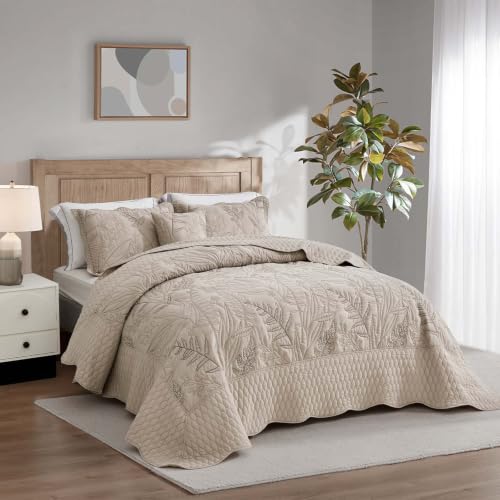 Image of Bedspread oversized Full 96x110,Beautiful Leaf Stitching,5 PC,Taupe