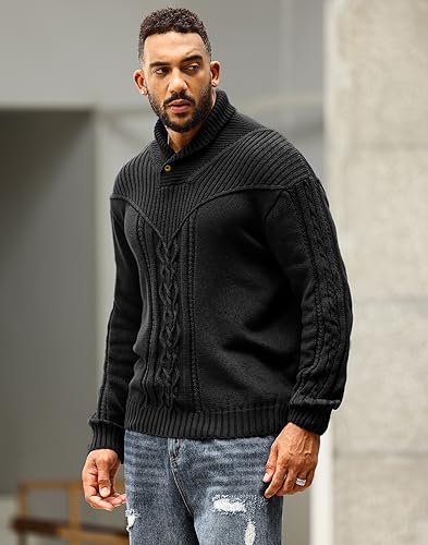 Men's Shawl Collar Pullover Sweater Casual Button Cable Knit Sweaters2