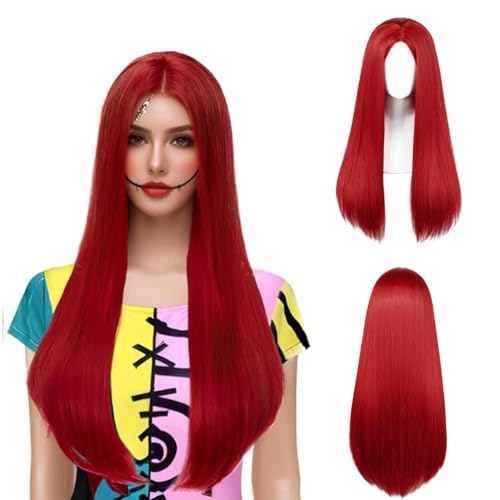 COSPLAZA Red Queen Sally Costume Wig Womens Long Straight Middle Parted Witch Ghost Cosplay Costume Wig