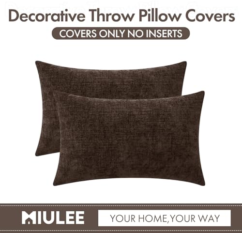 Image of MIULEE Pack of 2 Dark Brown Throw Pillow Covers 12x20 Inch Soft Chenille Lumbar Pillow Covers for Sofa Living Room Couch Fall Home Decor Solid Dyed Cases