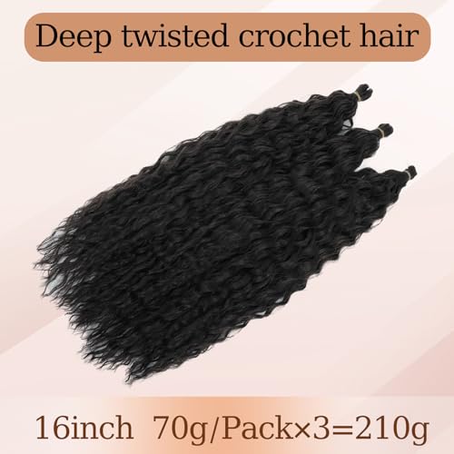 TAOYEMY Deep Wave Crochet Curly Braiding Hair 16 Inch 3 Packs Ocean Wave Crochet Hair Extensions Synthetic Curly Crochet Hair For Women (1B - Image 4