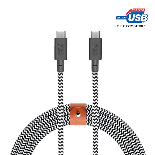 Native Union Belt Cable USB-C to USB-C - 8ft Ultra-Strong Cable with Leather Strap for Samsung Galaxy Z Flip, S20, S20+, S20 Ultra, A20s, A71, Note10+, Google Pixel 4 (Zebra)