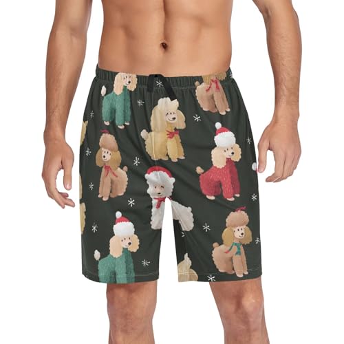 Poodle with Xmas Hat Pajama Bottom Shorts for Men Soft Casual Sleep Lounge Shorts with Pockets S-XXL