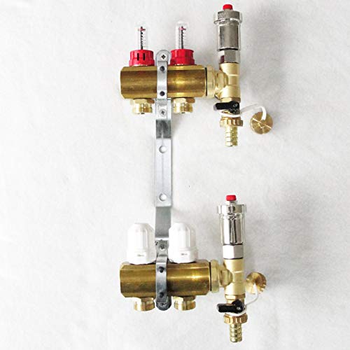 Preisvergleich Produktbild Messing Heizkreisverteiler Systemverteiler mit Durchflussmengenmesser und Entlüftergruppe 2 Heizkreise für Fussbodenheizung
