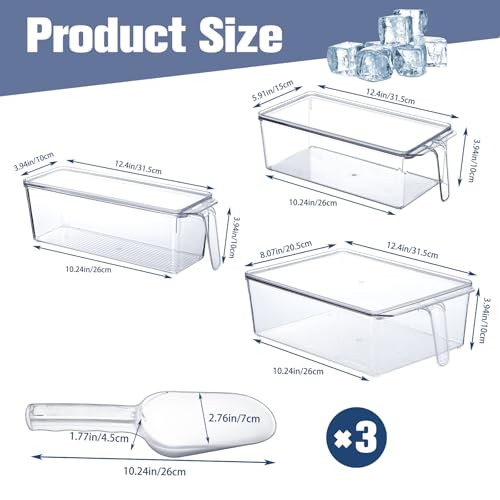 Image of Havawish 3 Sets Ice Storage Bin for Freezer with Lid and Flexible Scoop Set Plastic Ice Container with Lid Handle for Home Office Fridge Storage (12.4 x 8.07,12.4 x 5.91,12.4 x 3.94 Inches)